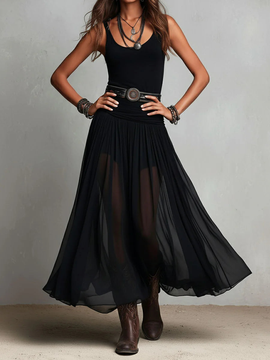 Starlit Tulle – Black Top & Belted Tulle Maxi Skirt Set