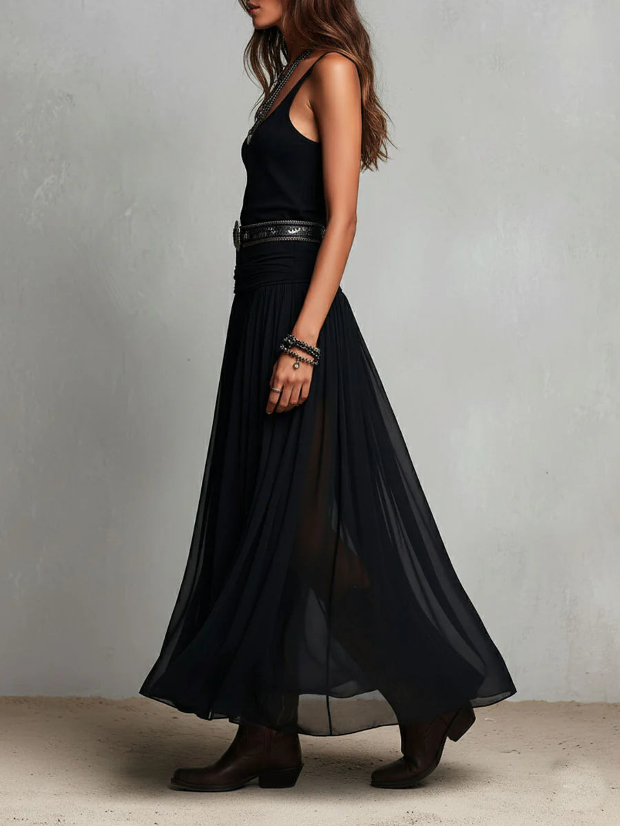 Starlit Tulle – Black Top & Belted Tulle Maxi Skirt Set