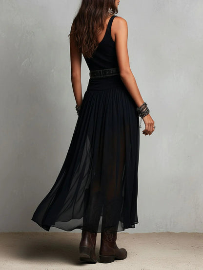 Starlit Tulle – Black Top & Belted Tulle Maxi Skirt Set