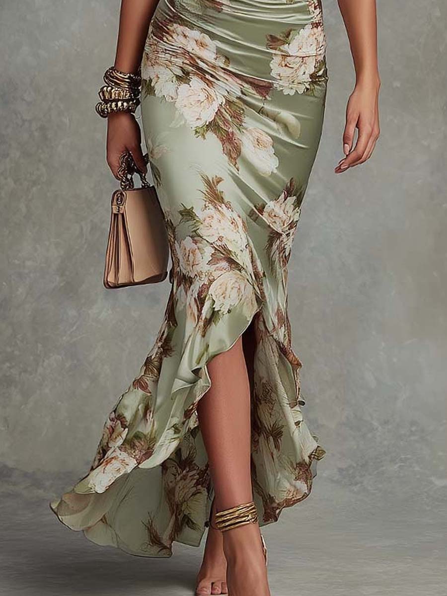Verdant Reverie – Asymmetrical Floral Satin Maxi Dress