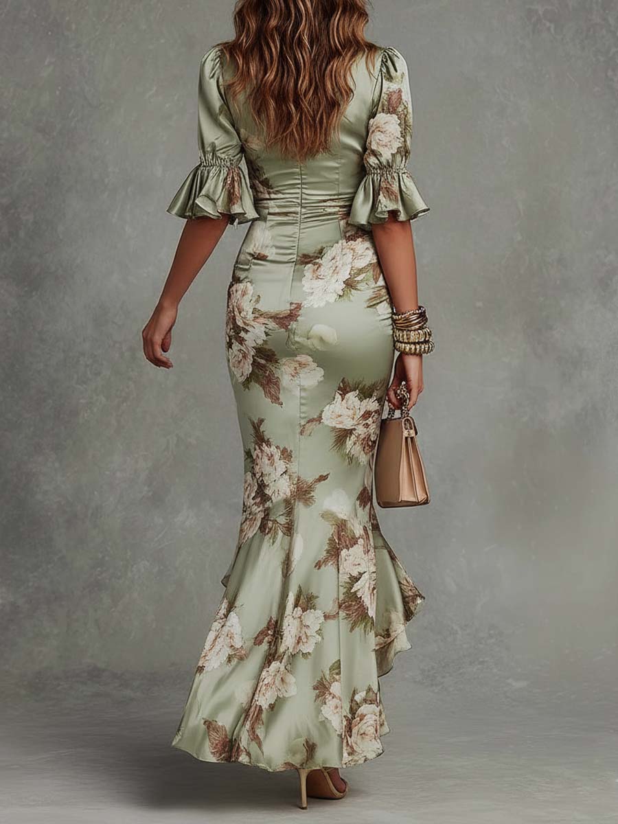 Verdant Reverie – Asymmetrical Floral Satin Maxi Dress