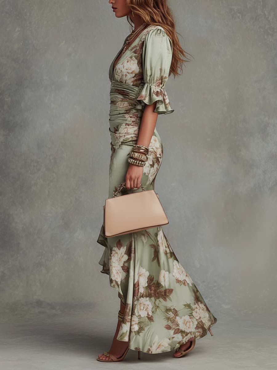 Verdant Reverie – Asymmetrical Floral Satin Maxi Dress