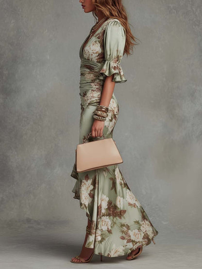 Verdant Reverie – Asymmetrical Floral Satin Maxi Dress