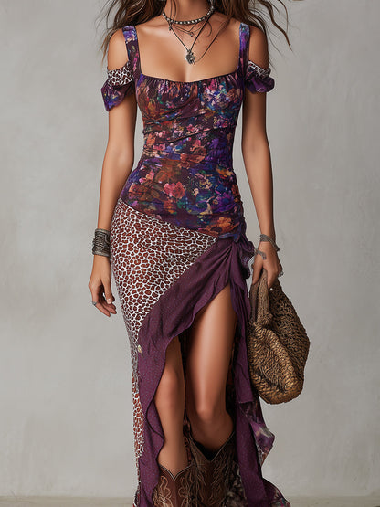 Wildflower Prowl – Leopard Floral Mock-Neck Maxi Dress