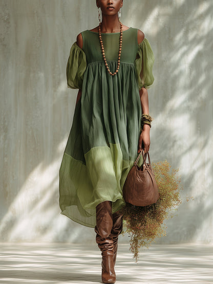 Greenhouse Waltz – Off-Shoulder Chiffon Midi Dress