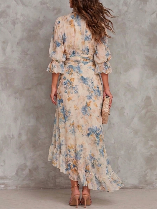 Sand Dune Bloom – High-Neck Floral Chiffon Maxi Dress