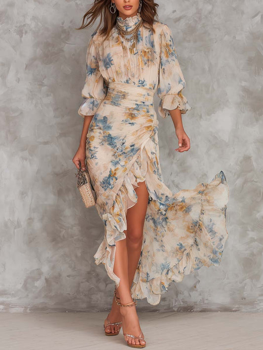 Sand Dune Bloom – High-Neck Floral Chiffon Maxi Dress