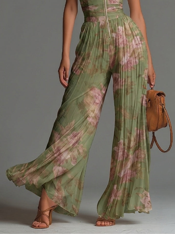 Emerald Current – Floral Wide-Leg Chiffon Jumpsuit