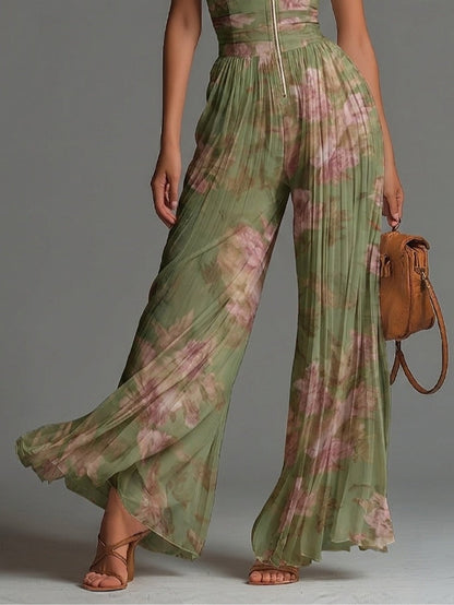 Emerald Current – Floral Wide-Leg Chiffon Jumpsuit