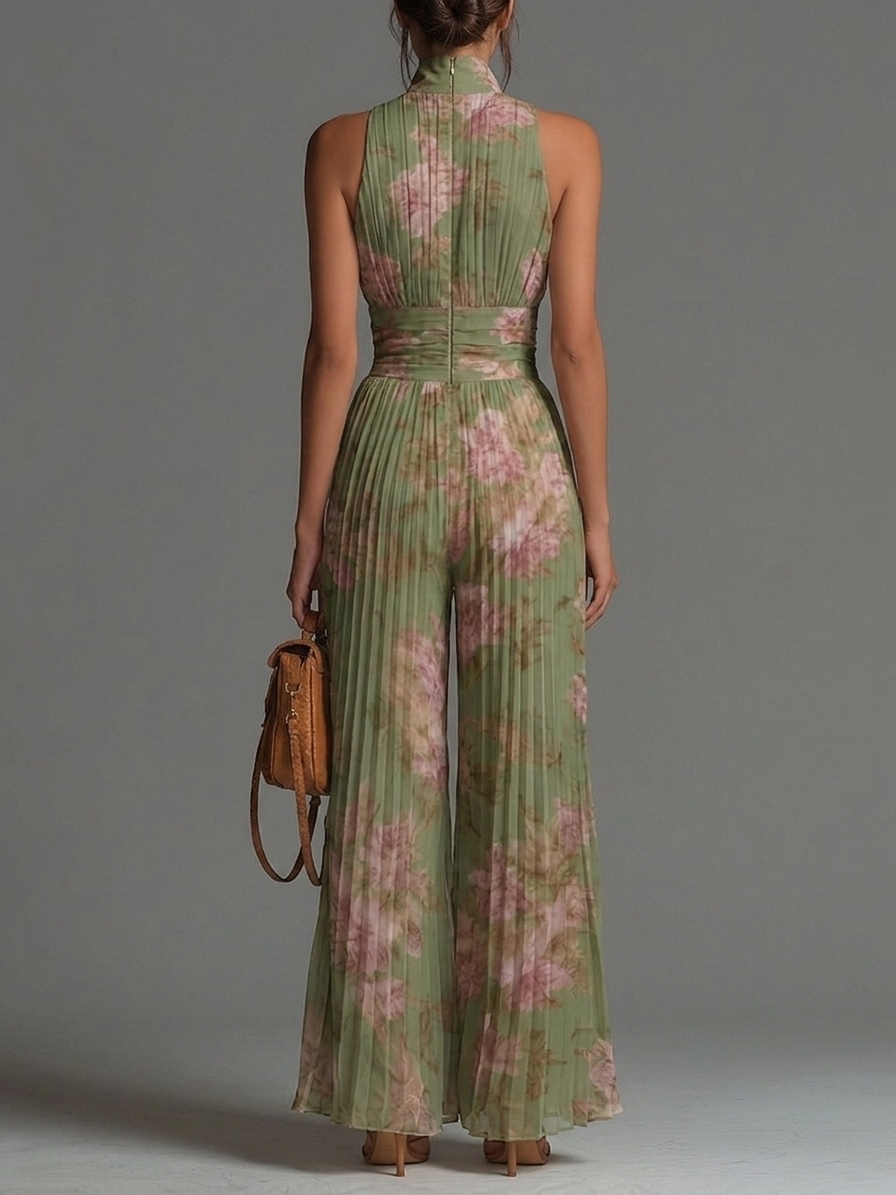 Emerald Current – Floral Wide-Leg Chiffon Jumpsuit