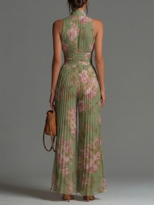 Emerald Current – Floral Wide-Leg Chiffon Jumpsuit