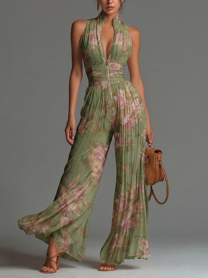 Emerald Current – Floral Wide-Leg Chiffon Jumpsuit