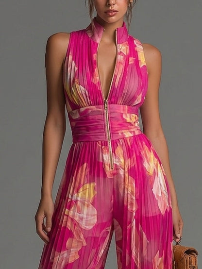 Magenta Mirage – Floral Pleated Chiffon Jumpsuit