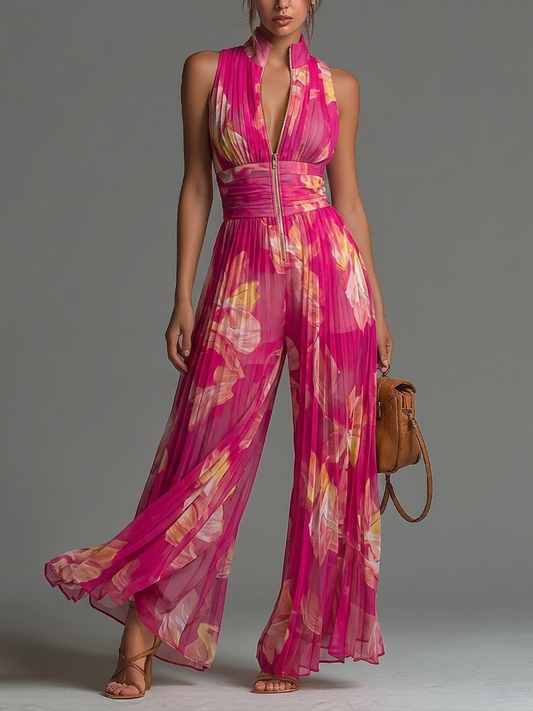 Magenta Mirage – Floral Pleated Chiffon Jumpsuit