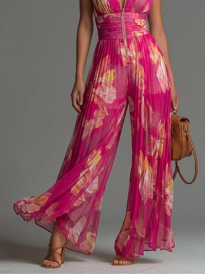 Magenta Mirage – Floral Pleated Chiffon Jumpsuit
