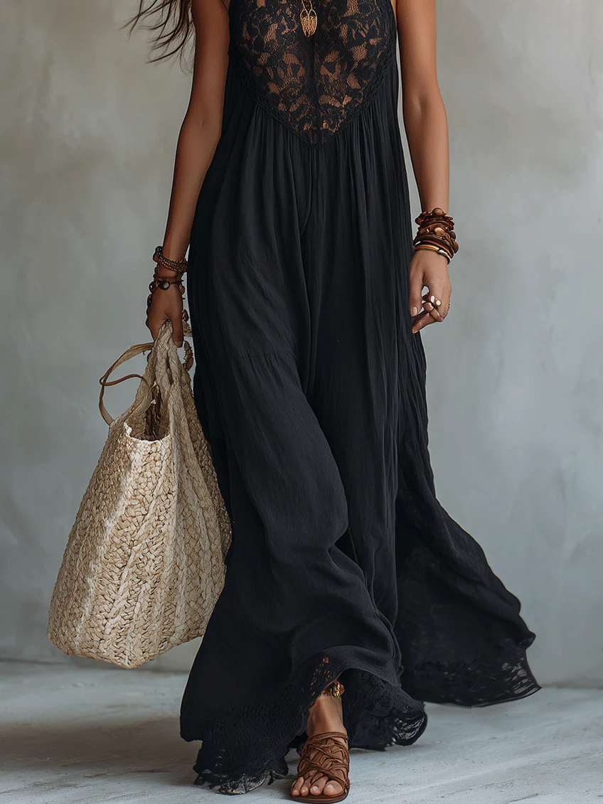Noir Willow – Black Lace Bohemian Maxi Dress