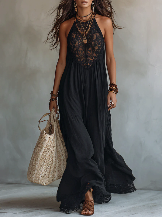 Noir Willow – Black Lace Bohemian Maxi Dress