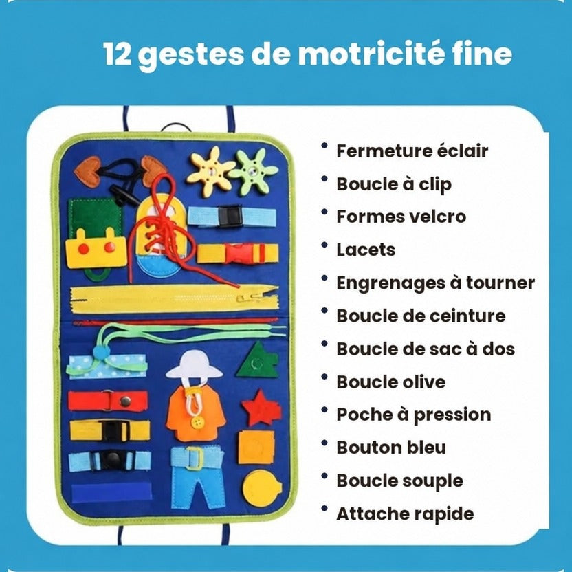 Les 12 gestes de motricité fine du Busy Board Arlevi : lacets, fermeture éclair, boucles, boutons