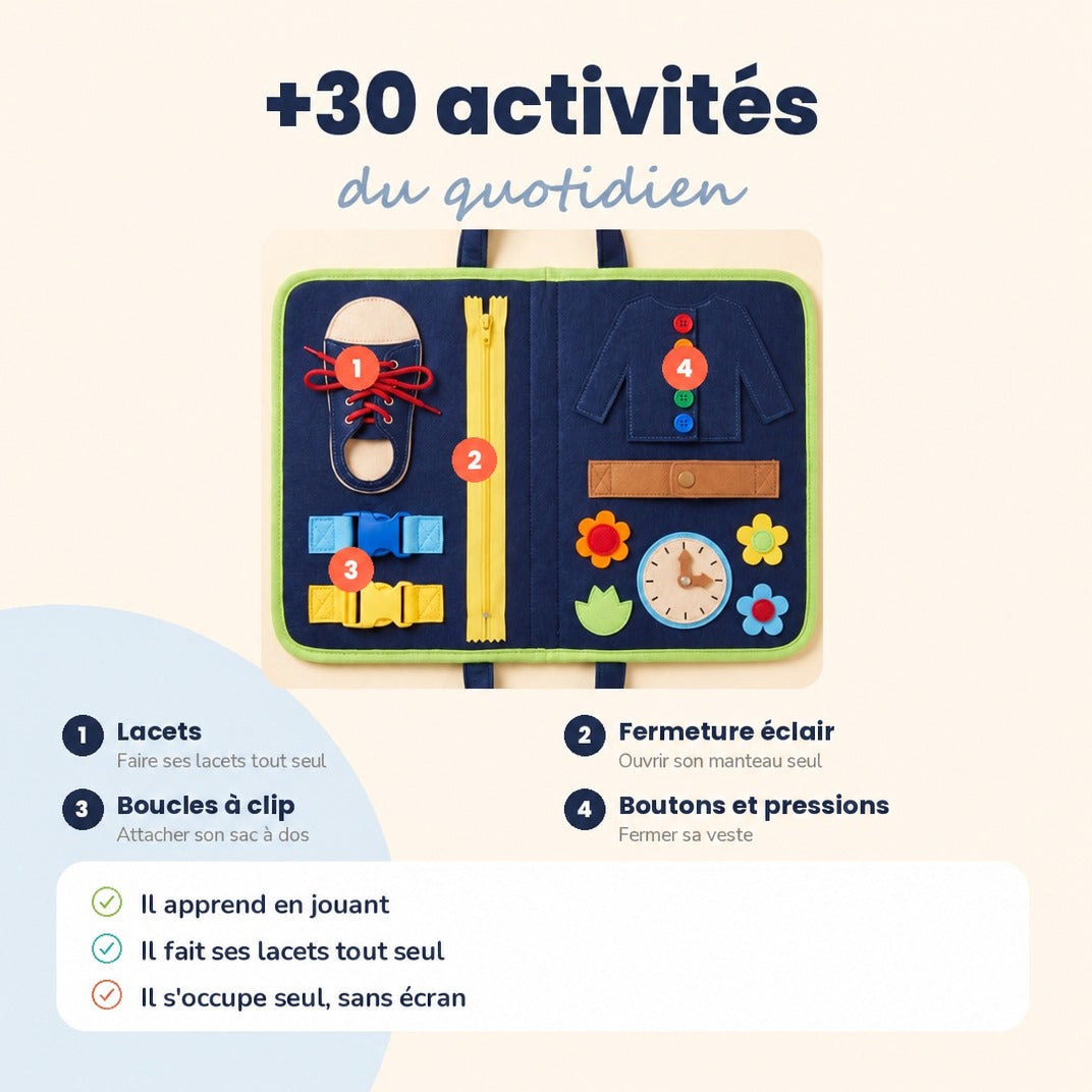 Plus de 30 activités du quotidien : lacets, fermeture éclair, boucles à clip, boutons