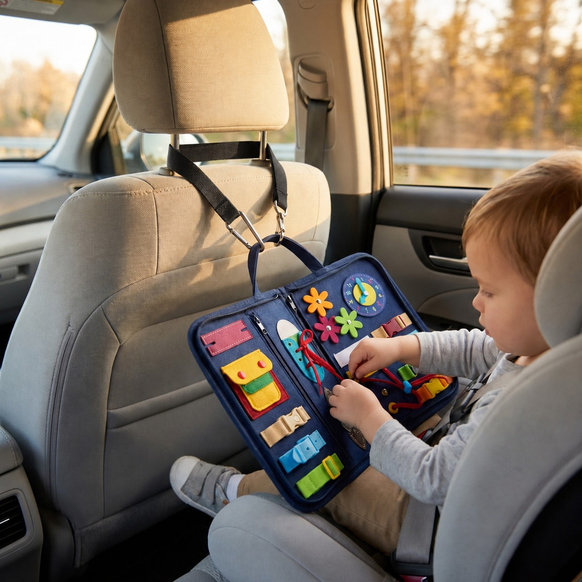 Le busy board attaché à l'appui-tête par sa sangle de trajet noire, en voiture