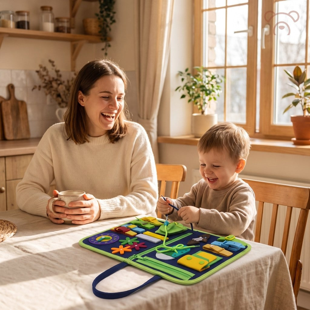 Une mère rit avec son café pendant que son fils joue au Busy Board bleu
