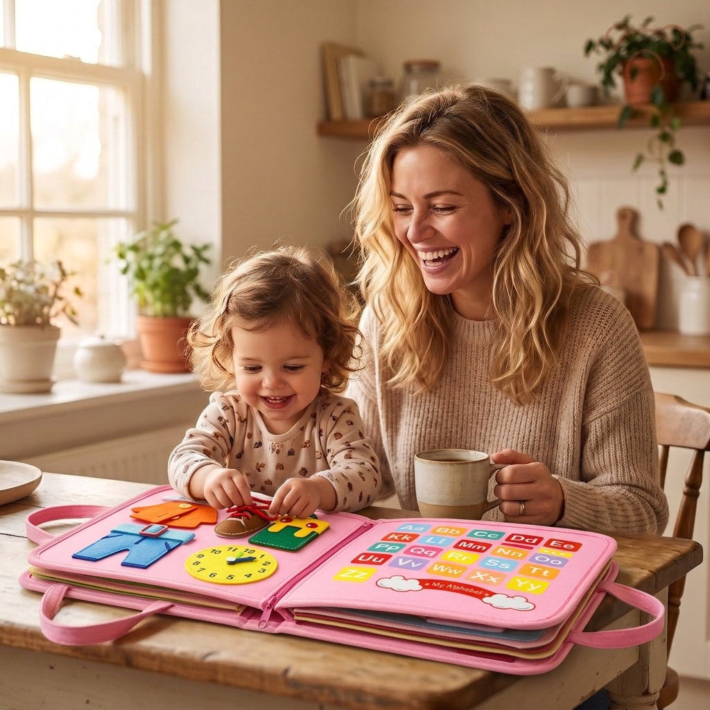 Une mère rit avec son café pendant que sa fille joue au Busy Board rose