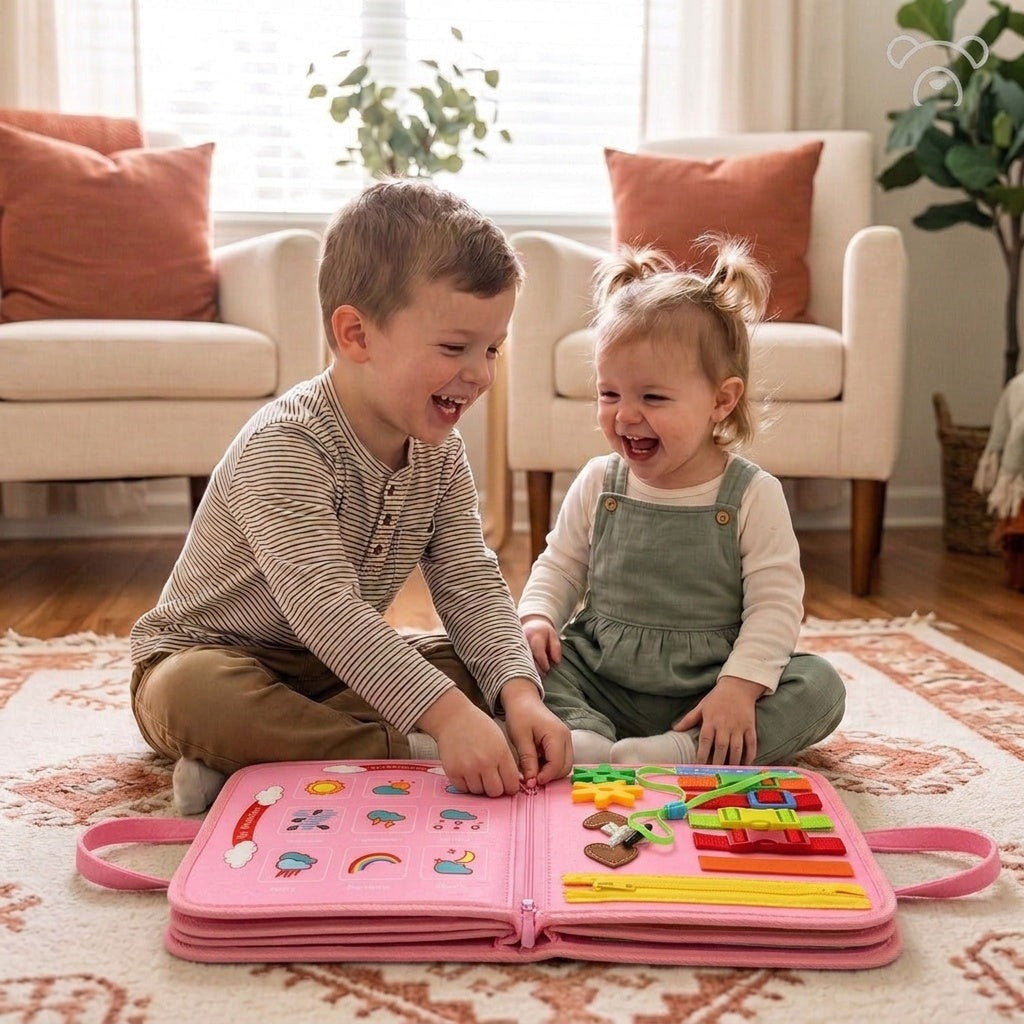 Frère et sœur qui rient autour du Busy Board Arlevi rose