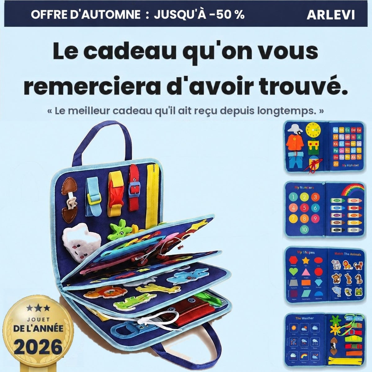 Coffret Éveil Arlevi bleu, le livre de plus de 30 activités ouvert en éventail : le cadeau qu'on vous remerciera d'avoir trouvé