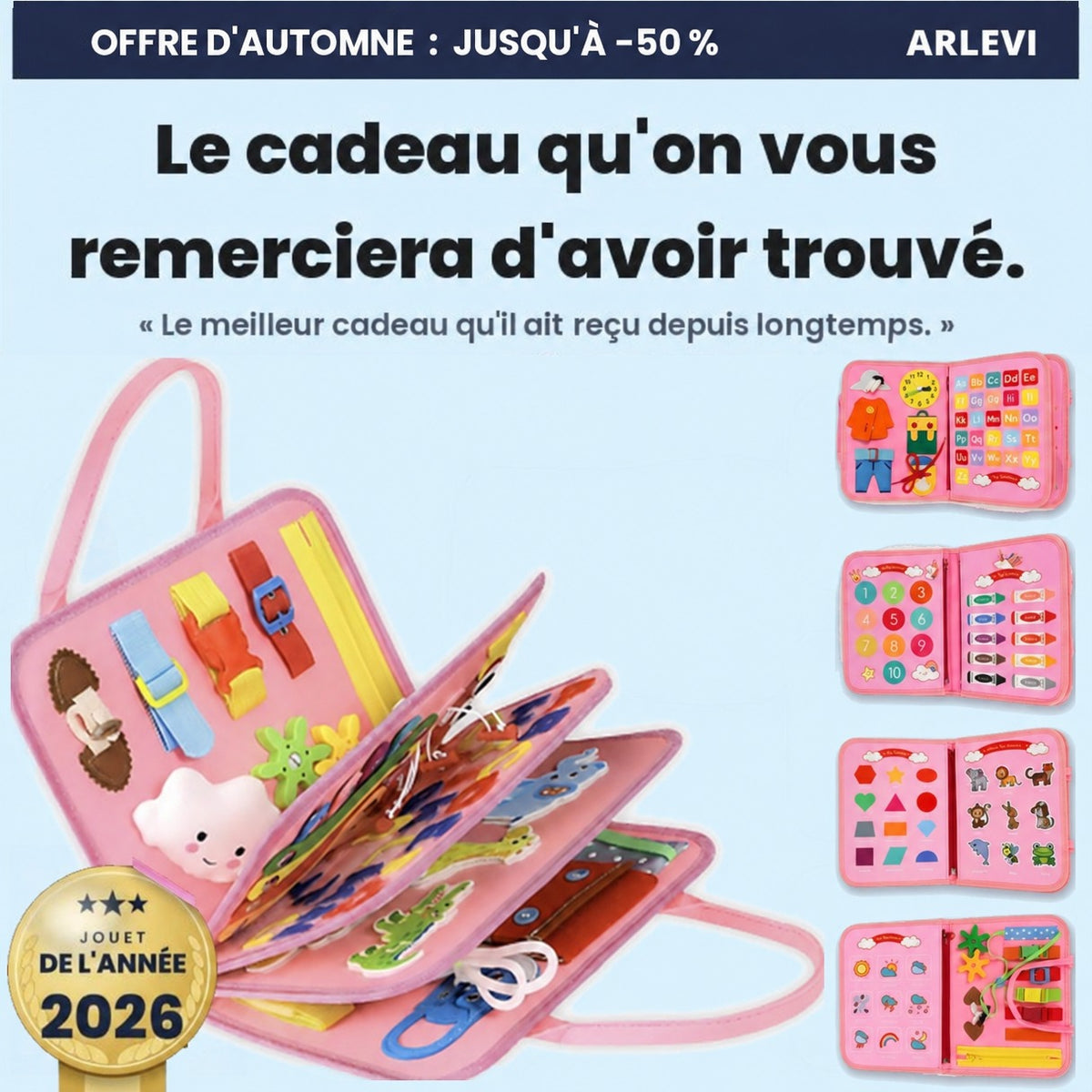 Coffret Éveil Arlevi rose, le livre de plus de 30 activités ouvert en éventail : le cadeau qu'on vous remerciera d'avoir trouvé