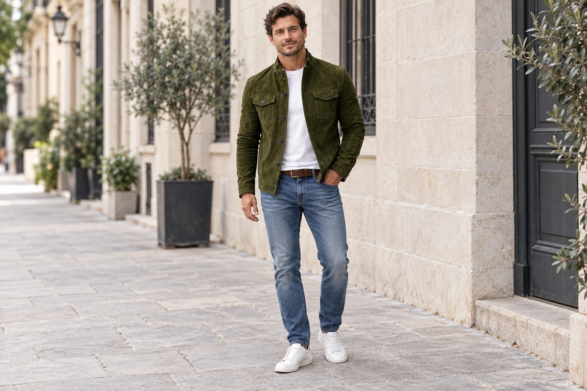 Modelo con la chaqueta Lucan verde oliva, una camiseta blanca y vaqueros azules.