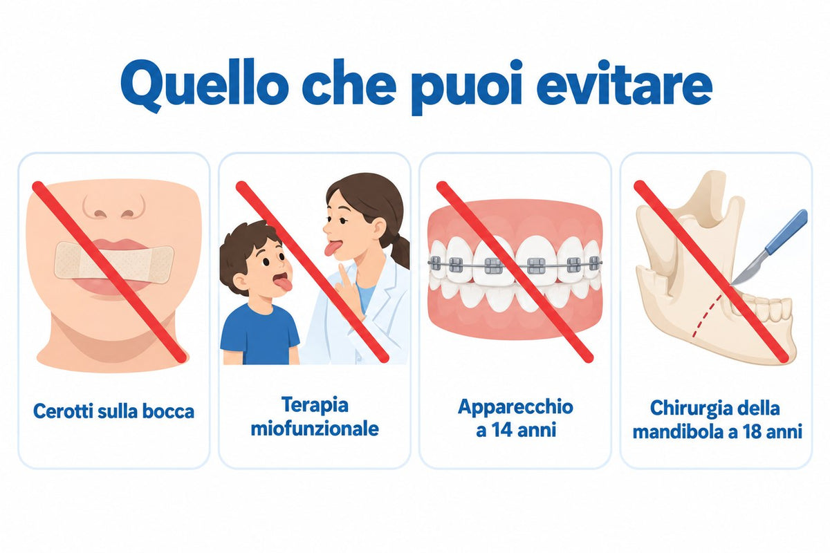 Quello che puoi evitare: cerotti sulla bocca, terapia miofunzionale, apparecchio a 14 anni, chirurgia della mandibola a 18 anni