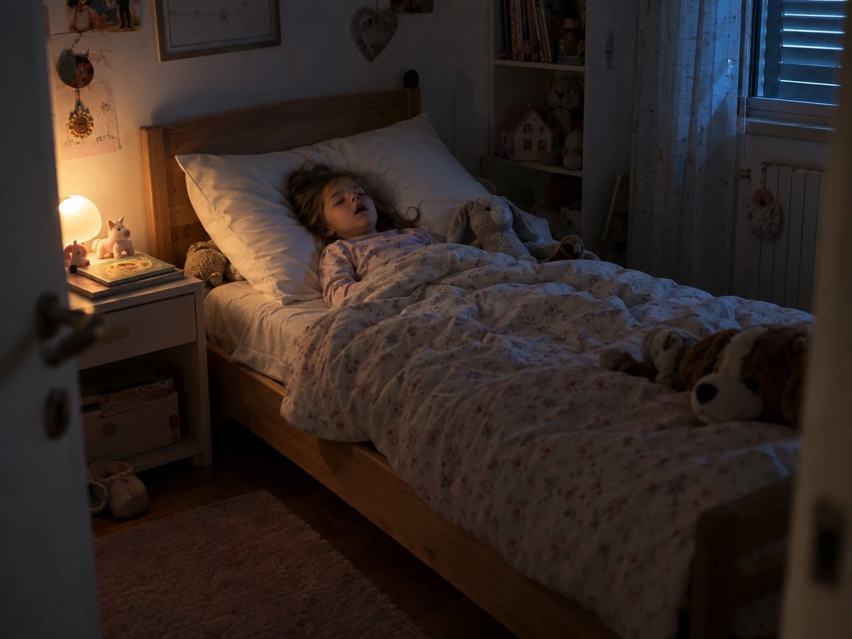 Bambina che dorme con la bocca aperta su un cuscino da adulto troppo alto