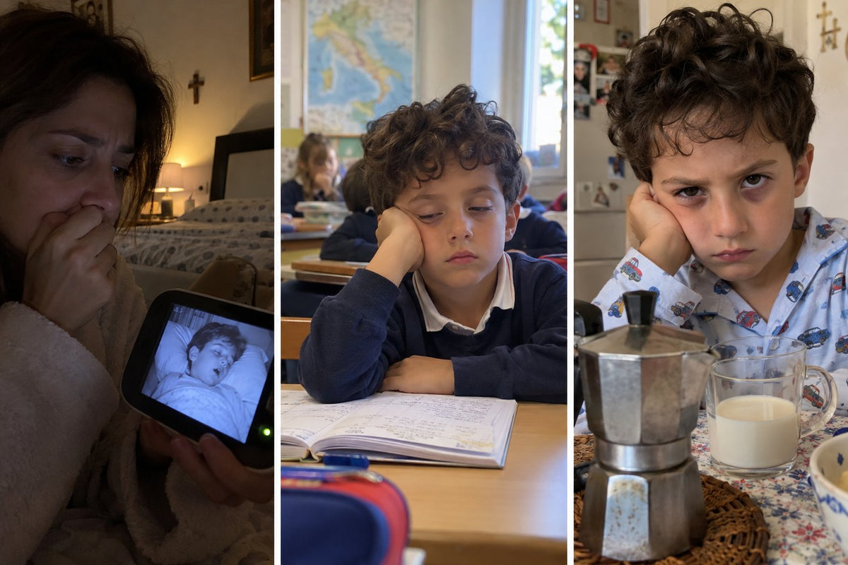 Il baby monitor di notte, il bambino stanco sul banco di scuola, le occhiaie a colazione