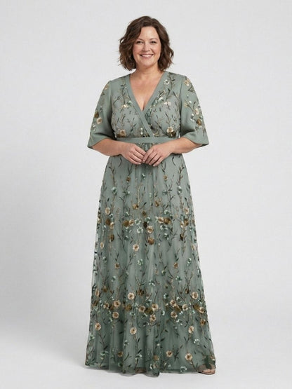 Evadne – Floral V Neck Short Sleeve Maxi Dress
