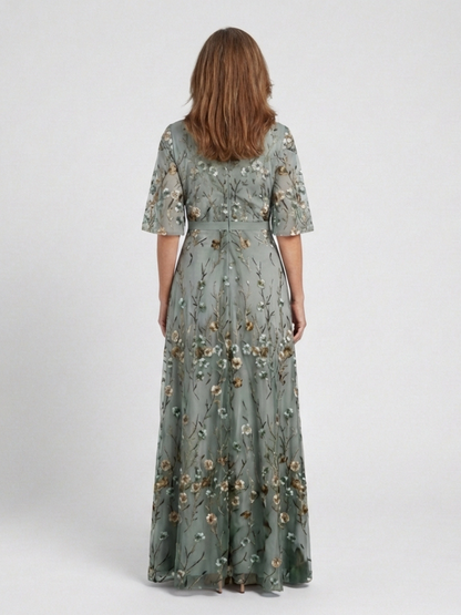 Evadne – Floral V Neck Short Sleeve Maxi Dress