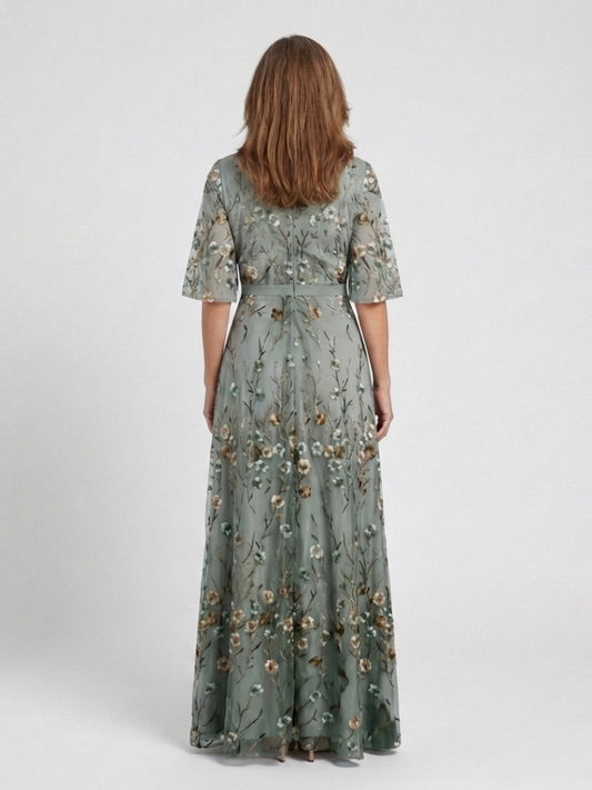 Evadne – Floral V Neck Short Sleeve Maxi Dress