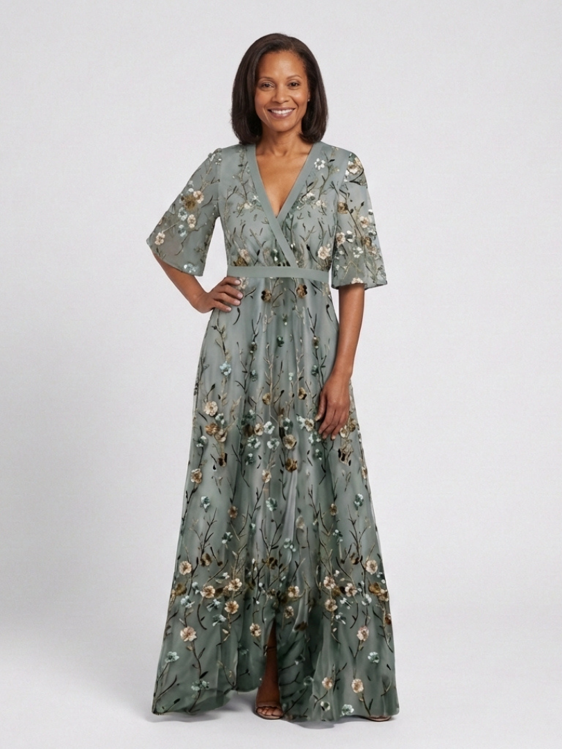Evadne – Floral V Neck Short Sleeve Maxi Dress
