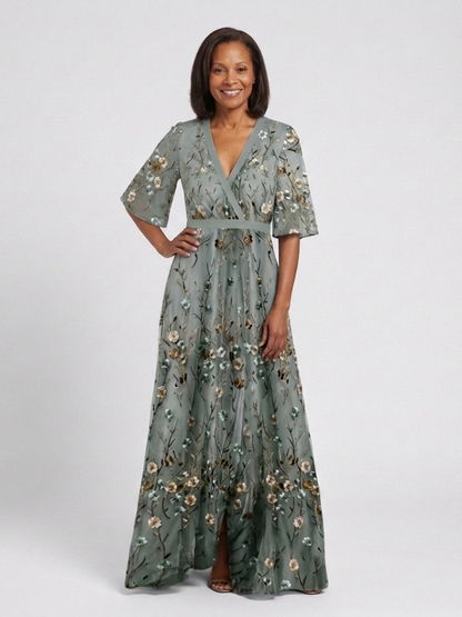 Evadne – Floral V Neck Short Sleeve Maxi Dress