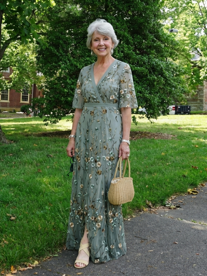 Evadne – Floral V Neck Short Sleeve Maxi Dress