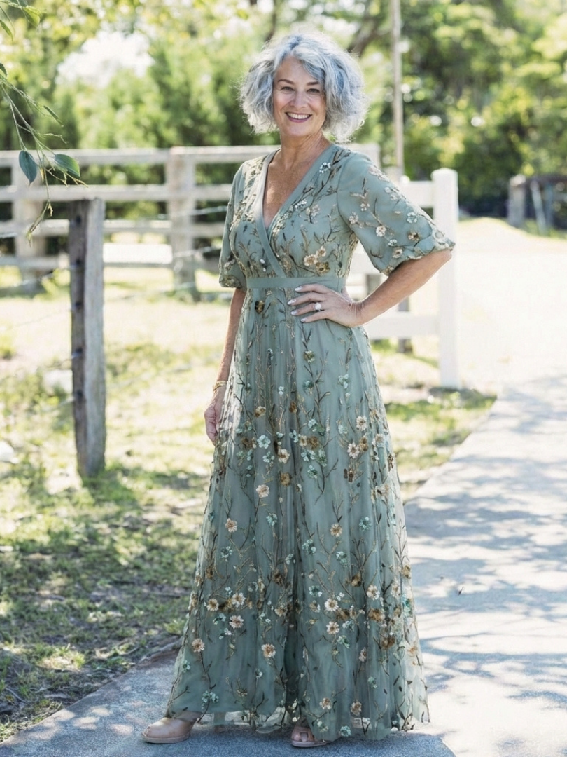 Evadne – Floral V Neck Short Sleeve Maxi Dress