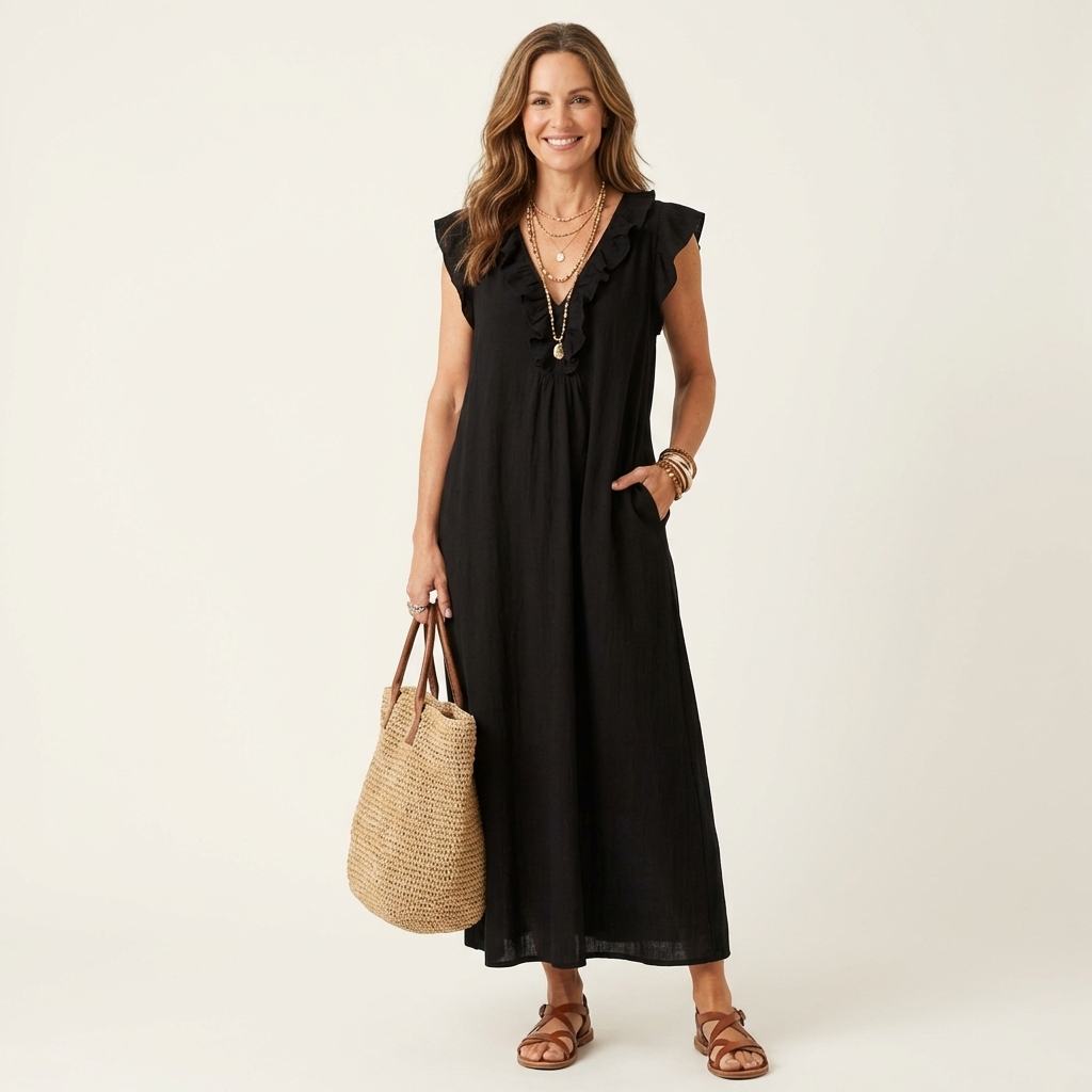 Juliana – Ruffle V-Neck Linen Maxi Dress