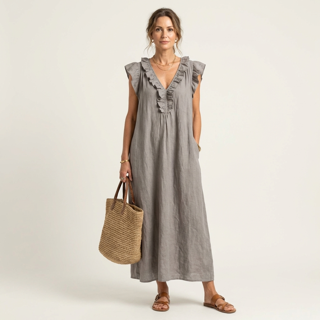 Juliana – Ruffle V-Neck Linen Maxi Dress