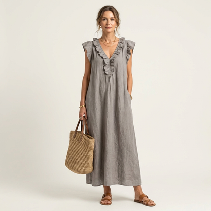Juliana – Ruffle V-Neck Linen Maxi Dress