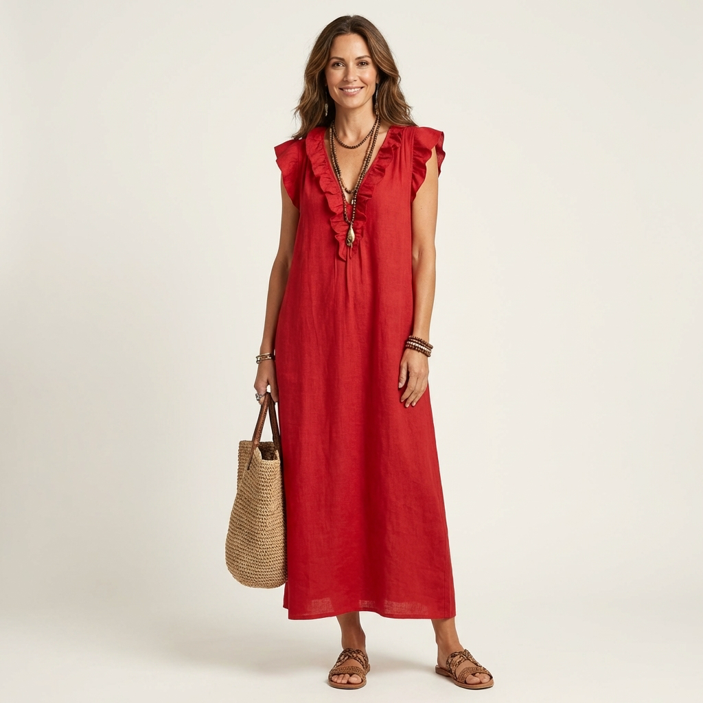 Juliana – Ruffle V-Neck Linen Maxi Dress