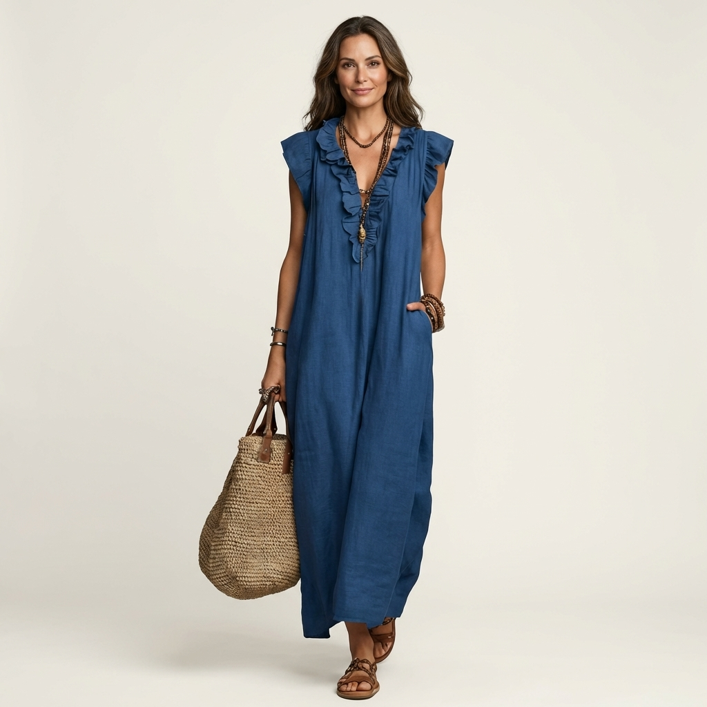 Juliana – Ruffle V-Neck Linen Maxi Dress