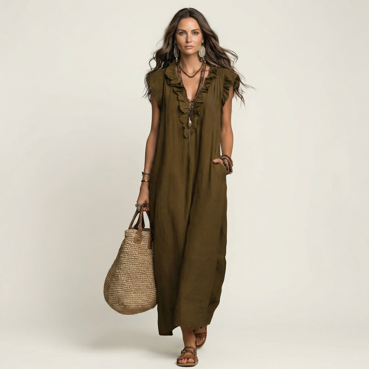 Juliana – Ruffle V-Neck Linen Maxi Dress