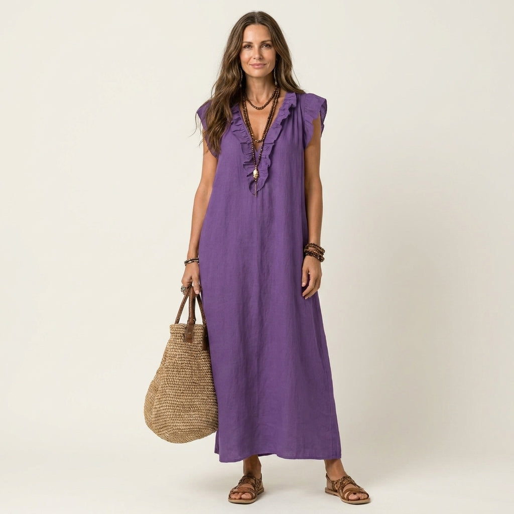 Juliana – Ruffle V-Neck Linen Maxi Dress