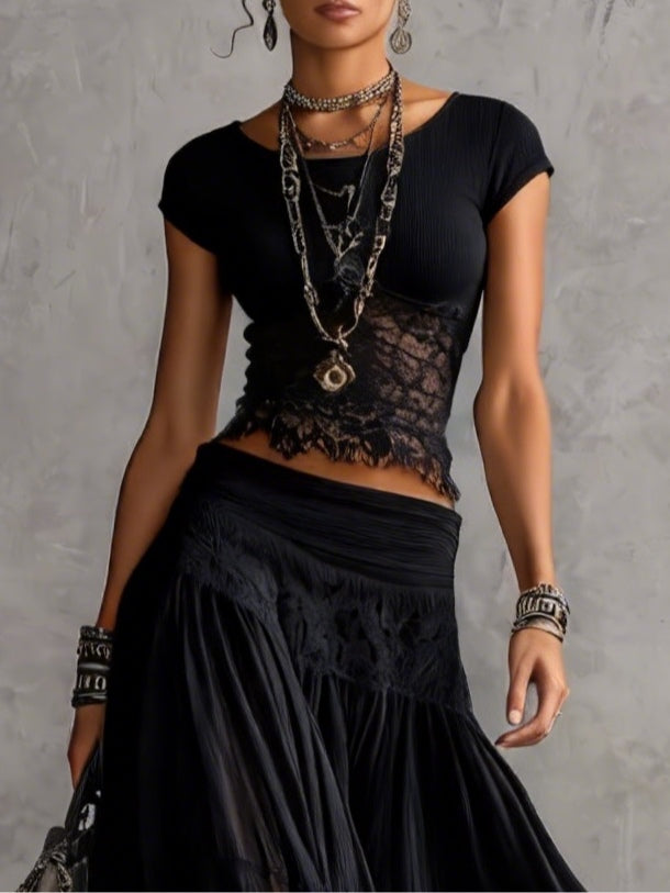 Midnight Lace – Sheer Lace Top & Pleated Maxi Skirt Set