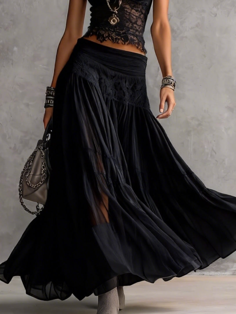 Midnight Lace – Sheer Lace Top & Pleated Maxi Skirt Set