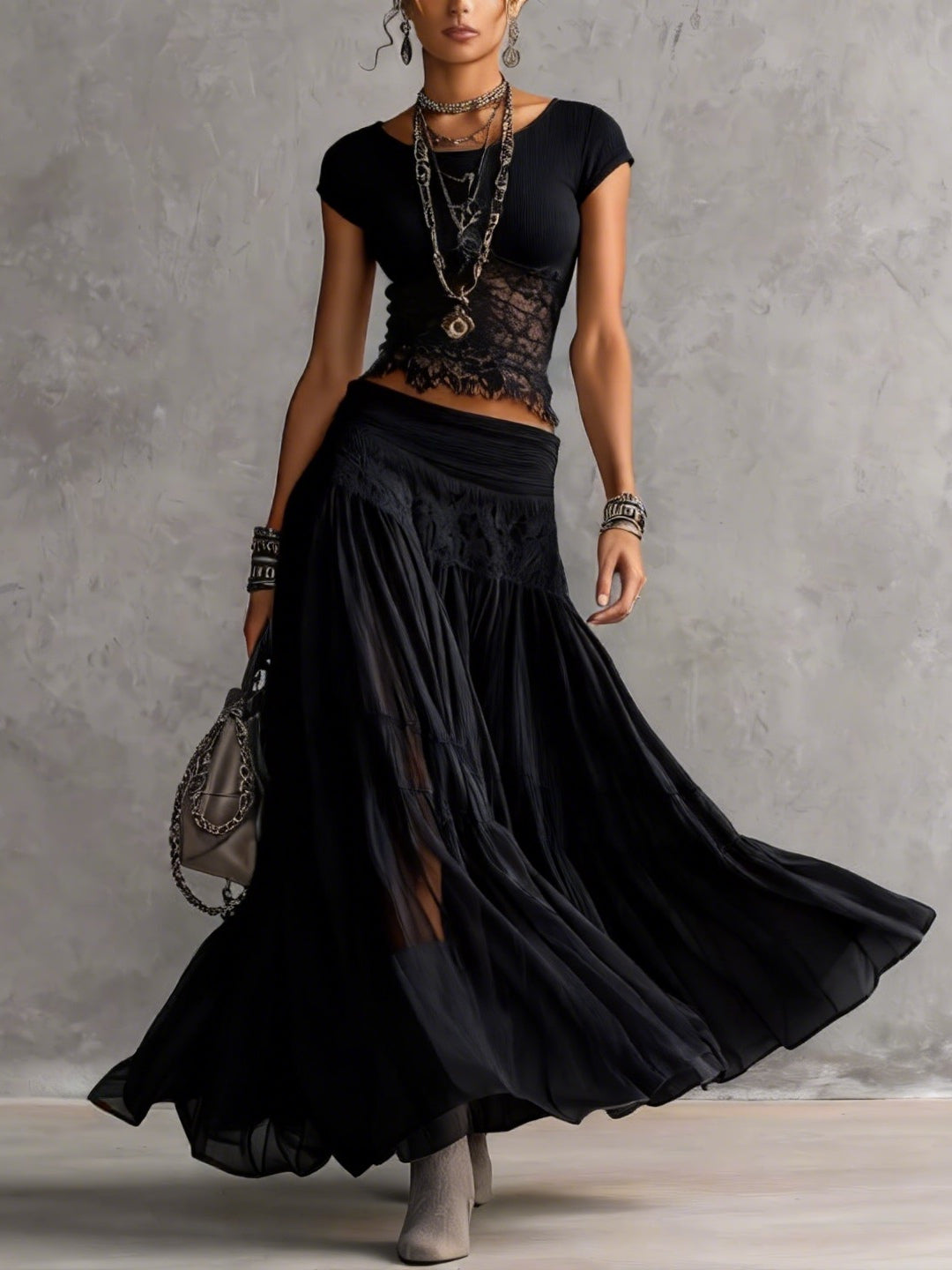 Midnight Lace – Sheer Lace Top & Pleated Maxi Skirt Set